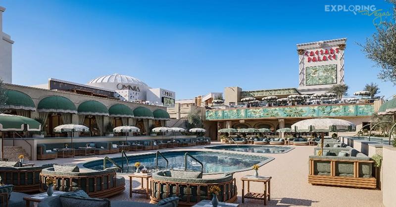 Omnia Dayclub pool area with Caesars Palace sign in the background